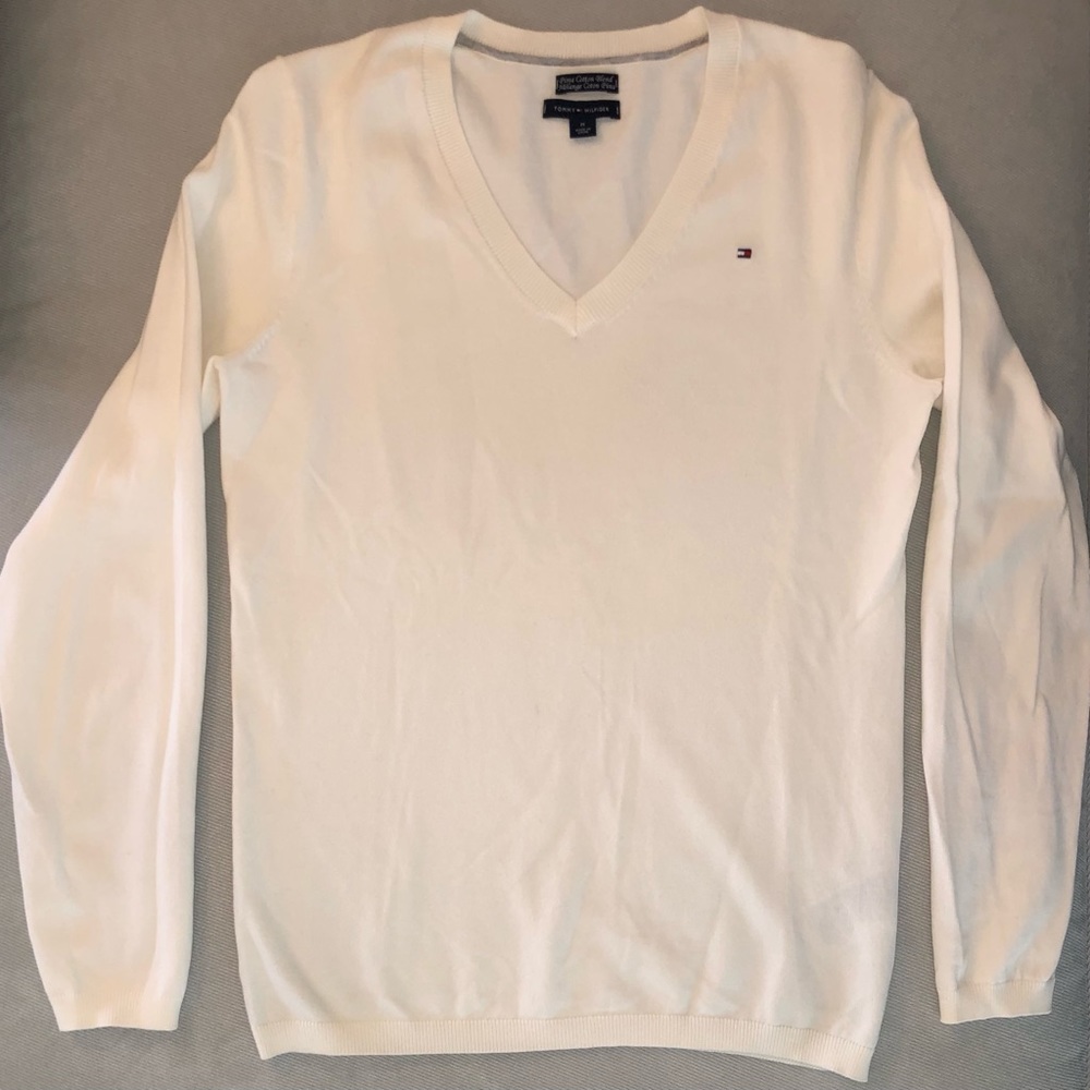 Tommy Hilfiger NWOT Pima Cotton Blend Classic White V-neck Sweater Women’s Sz M